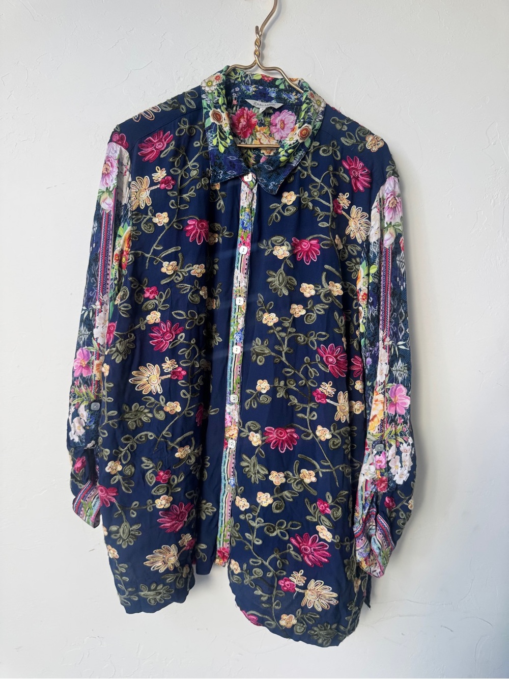 John Mark Embroidered Floral Mixed Media Boho Blouse Navy Blue Button Front 3X